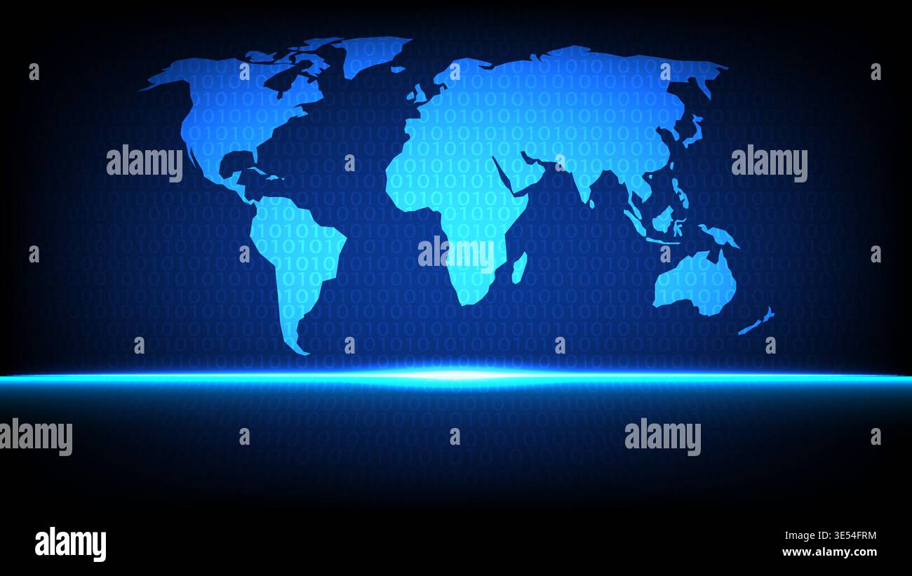 Blue world map silhouette with binary code background representing global data, innovation and digital technology Stock Vector