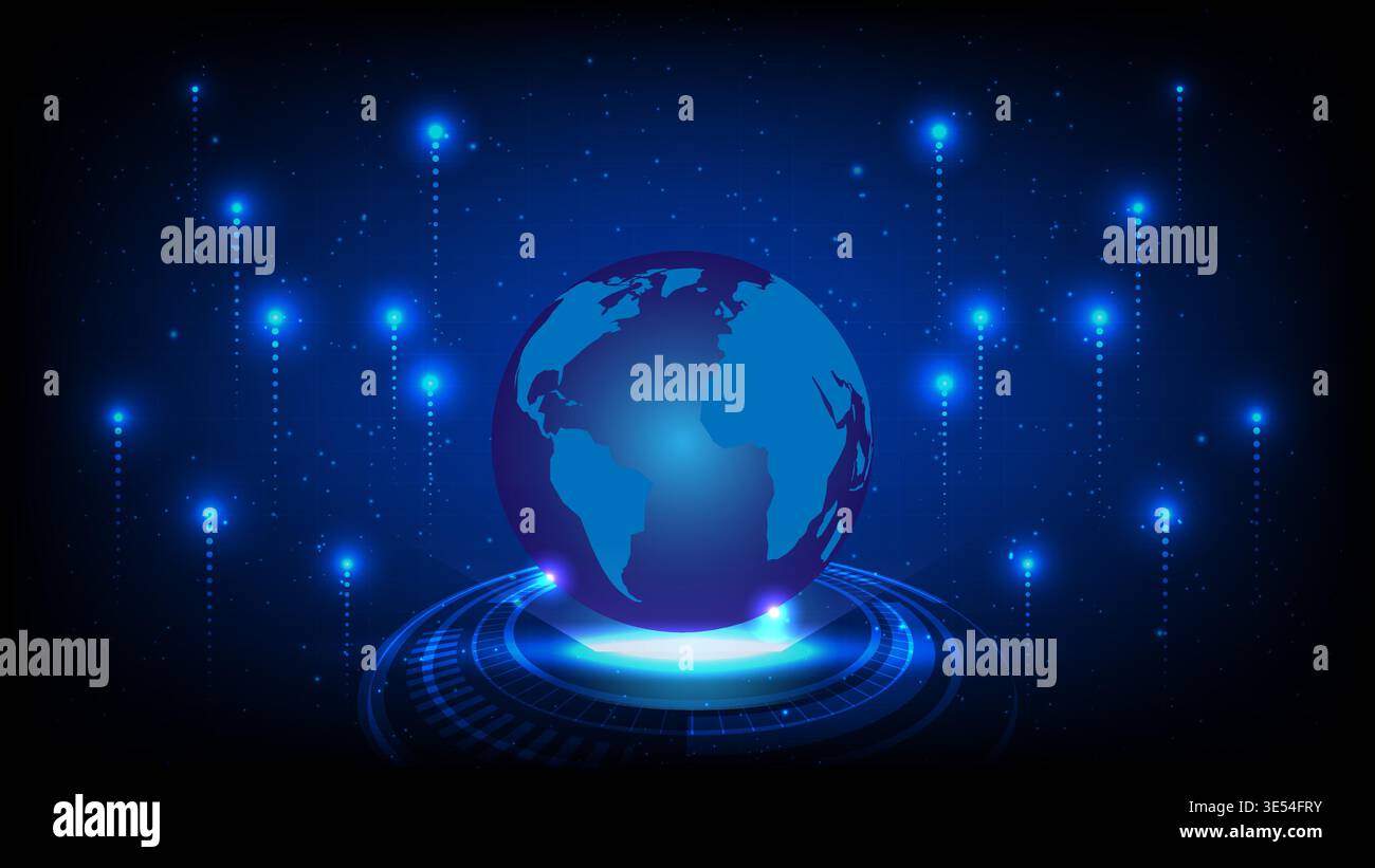 Abstract digital globe with glowing data lights and futuristic interface representing global technology network Stock Vector