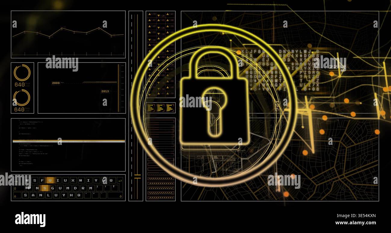 Displaying glowing padlock rotating inside concentric rings on cyber dashboard, with map and code Stock Photo