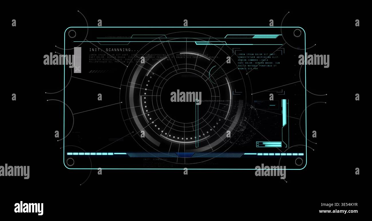 Displaying central circular HUD scanner rotating and scanning digital display with segmented rings Stock Photo
