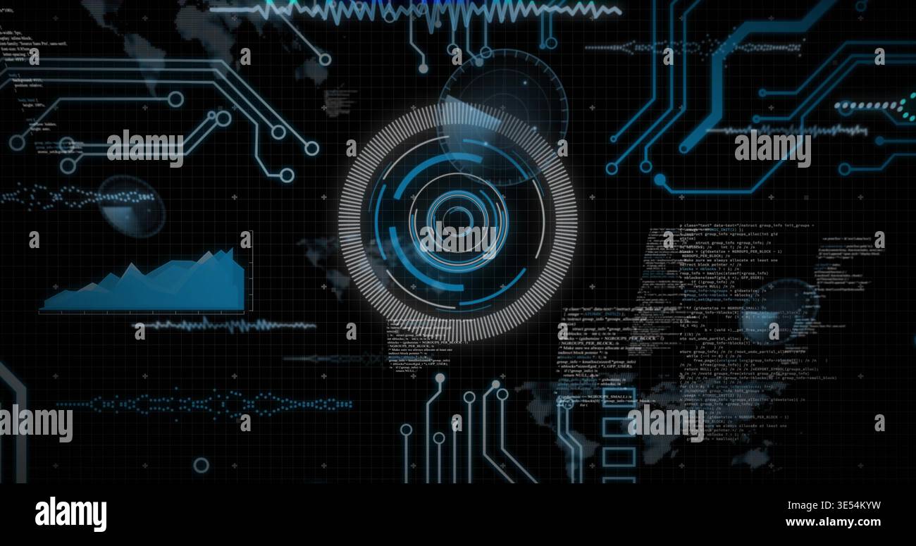 Displaying central HUD rotating rings on digital dashboard, with circuit traces and code Stock Photo