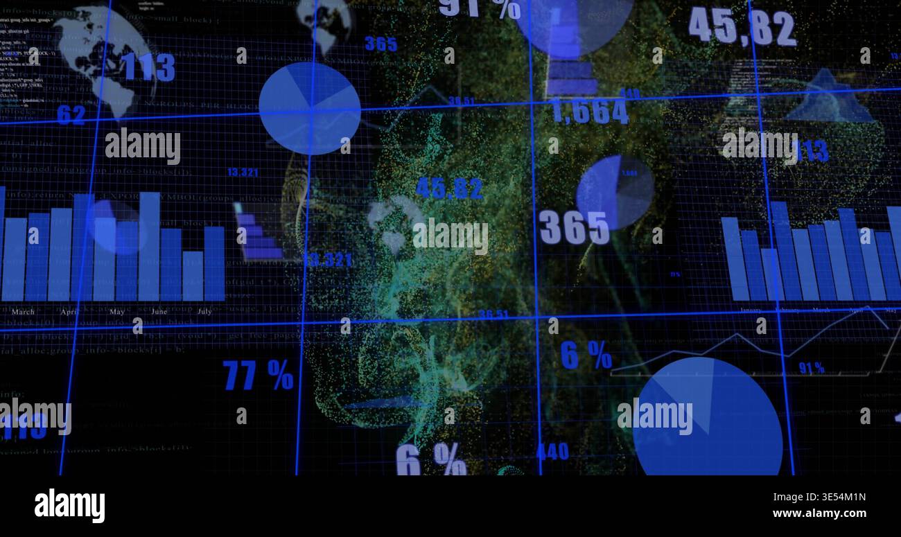 Displaying analytics visualization on-screen dashboard, with blue grid, pie charts, particle cloud Stock Photo