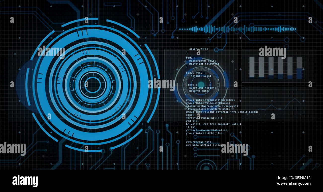 Displaying large blue concentric circular HUD on left, integrating code text, waveform, bar chart Stock Photo