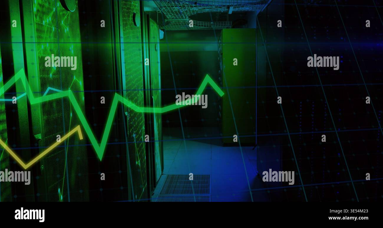 Glowing server rack row revealing LEDs in data center corridor, showing analytics overlay Stock Photo