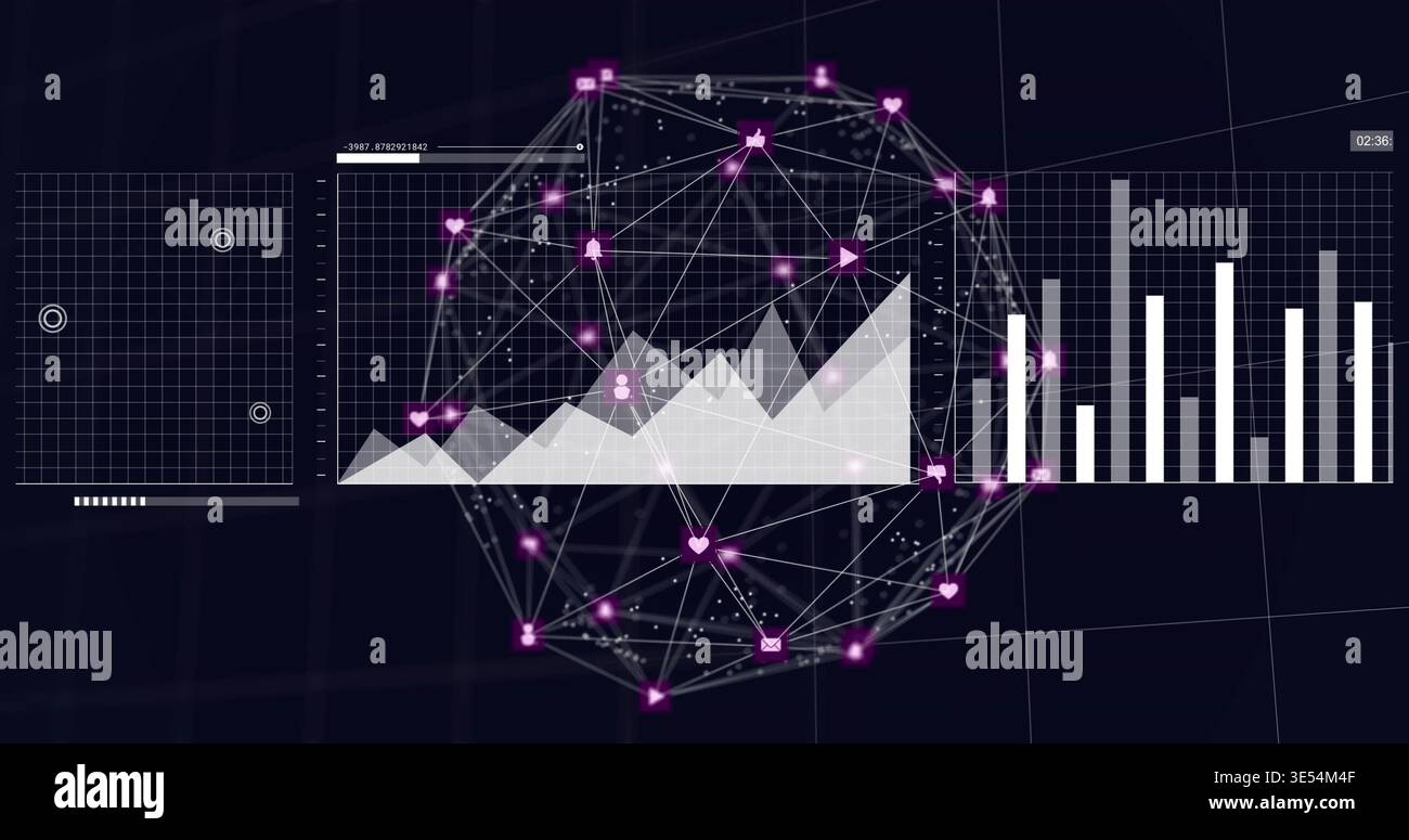 Displaying 3D wireframe network globe pulsing on dark virtual dashboard, showing glowing icon nodes Stock Photo