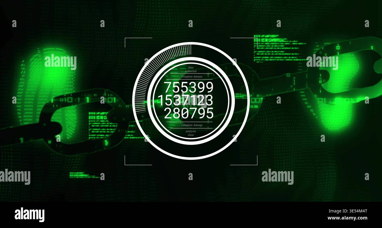 Displaying central HUD showing three numeric readouts in cyber interface, with chain links and code Stock Photo