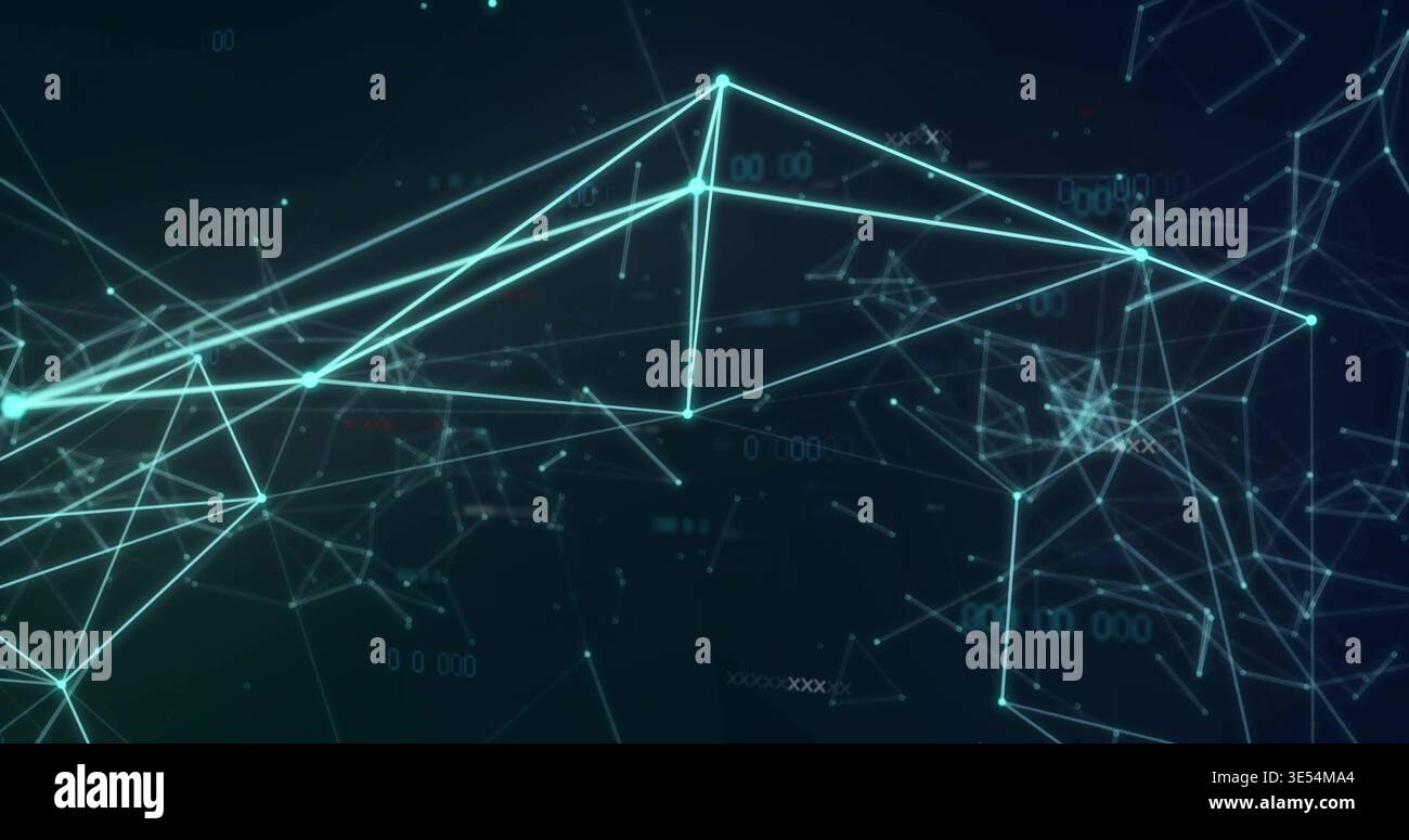 Pulsing teal network forming triangular mesh in virtual network, with connecting lines and nodes Stock Photo