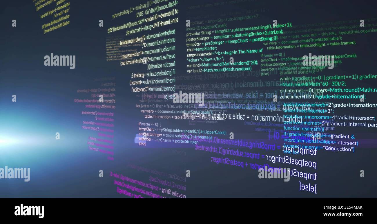 Displaying glass code panels drifting in virtual space, with colored code text and bluish light Stock Photo