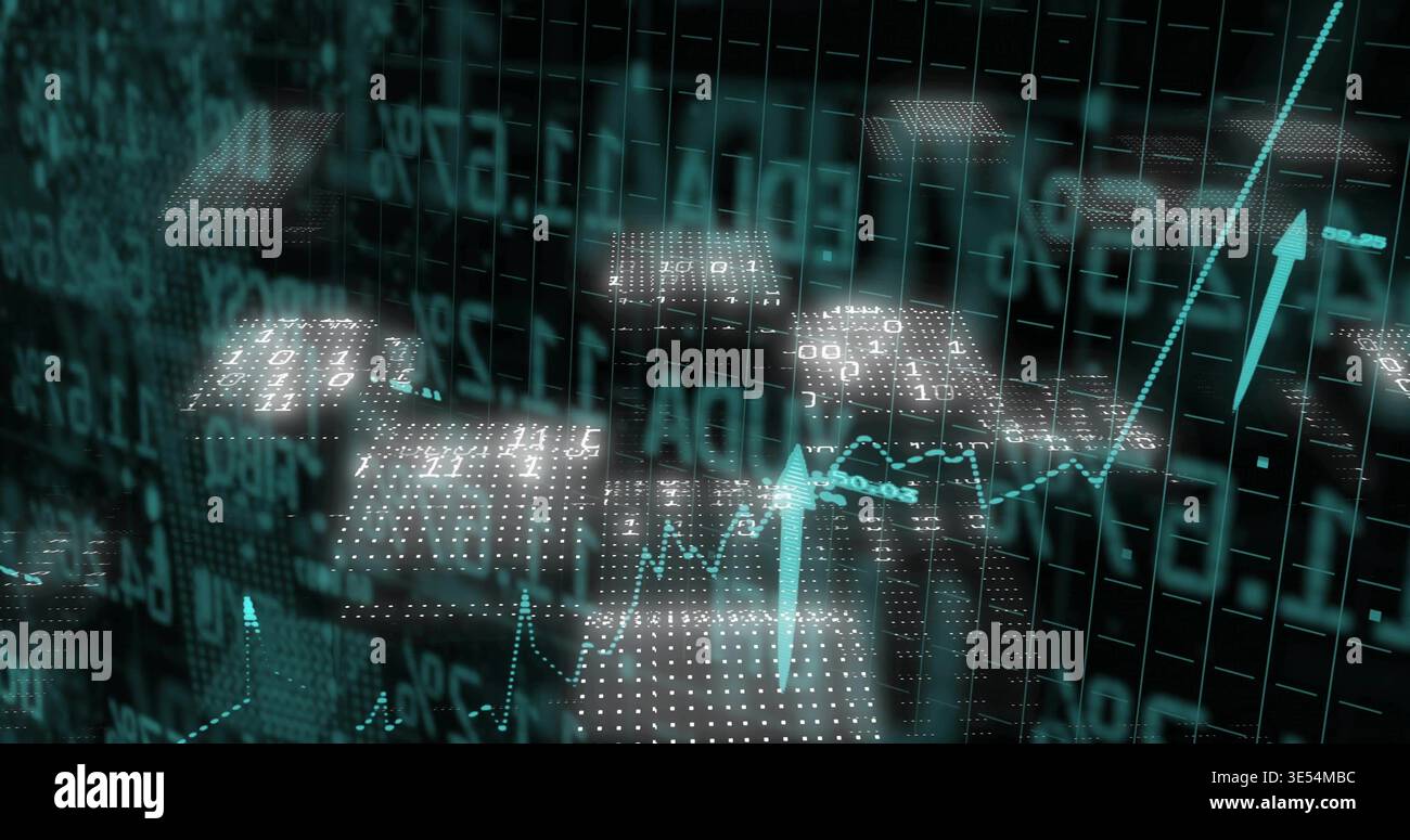 Displaying 3D data visual rising in virtual dashboard, with dotted platforms and numeric overlays Stock Photo