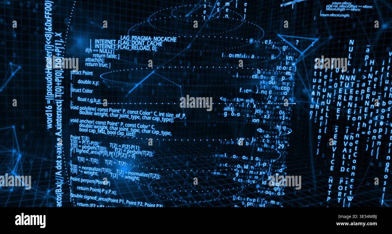 Displaying code-formed human-profile silhouette flowing across virtual grid, with glowing nodes Stock Photo