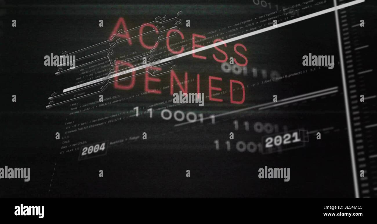 Displaying red ACCESS DENIED text on digital dashboard, showing binary digits, years 2004 and 2021 Stock Photo