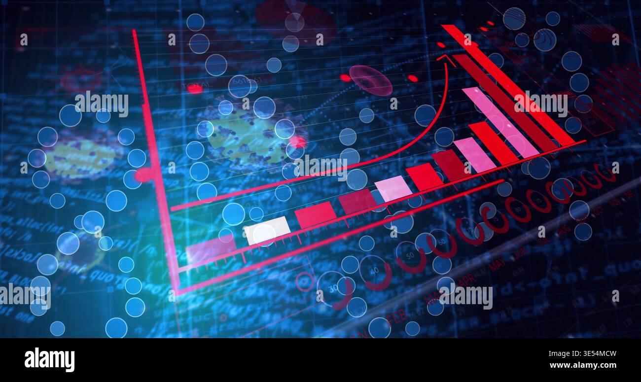 Displaying red 3D bar chart rising in digital data visualization, with upward arrow, virus markers Stock Photo