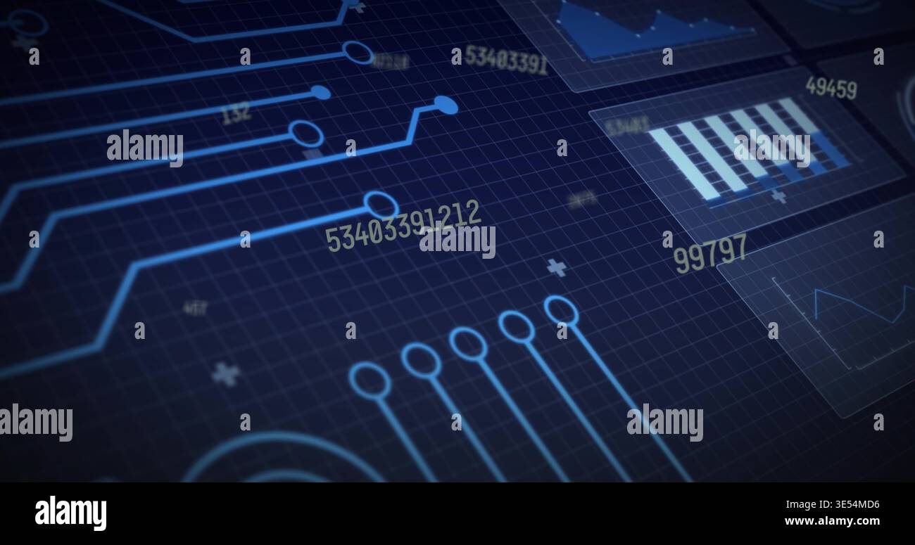 Displaying schematic UI showing glowing circuit traces on dark grid, numeric IDs, chart widgets Stock Photo