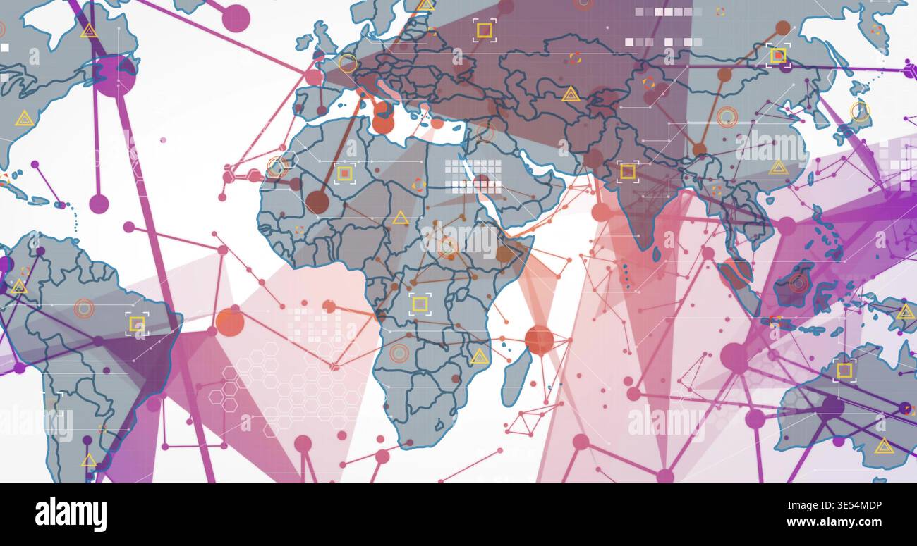Displaying stylized world map highlighting network nodes and polygon overlays on digital dashboard Stock Photo