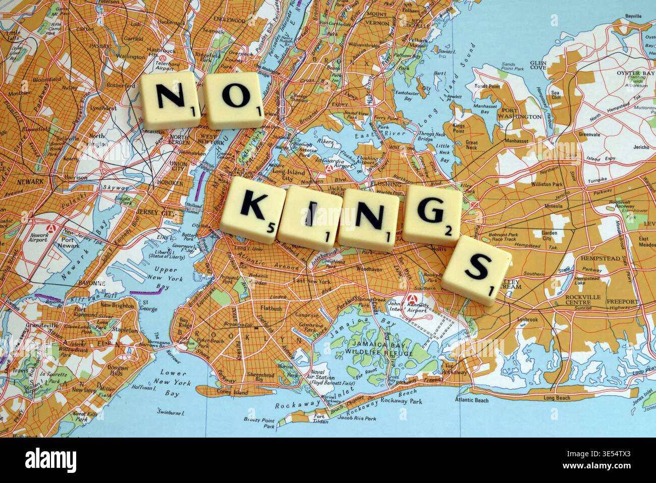 Five boroughs of New York & Brooklyn No Kings NoKings protests in USA on a map against Donald Trump acting like a king Stock Photo