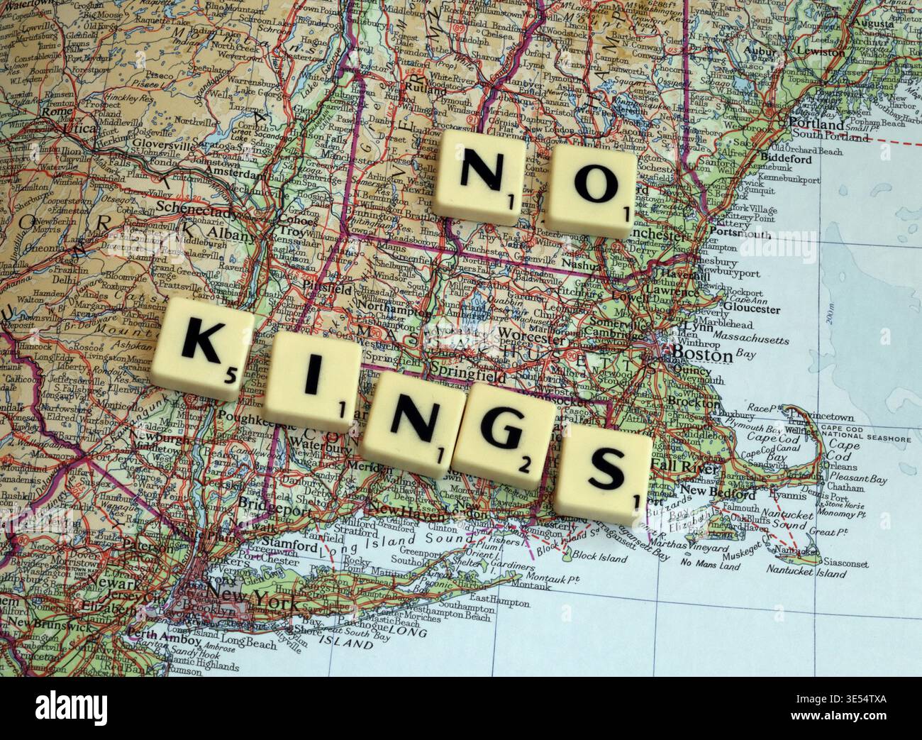 Boston & New York state No Kings NoKings protests in USA on a map against Donald Trump acting like a king Stock Photo