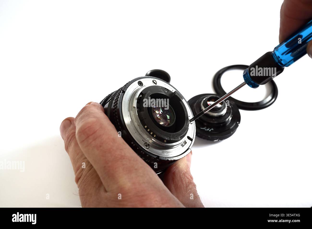 Exploded view of camera lens repair Stock Photo