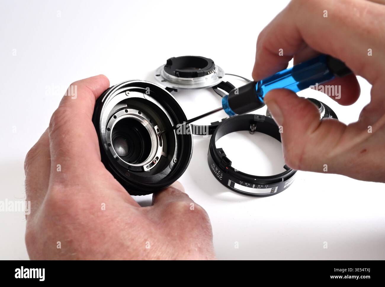 Exploded view of camera lens repair Stock Photo