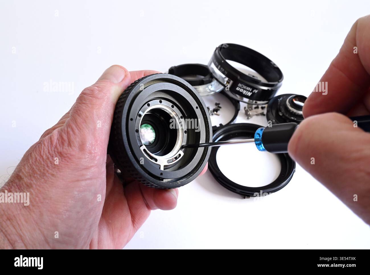 Exploded view of camera lens repair Stock Photo