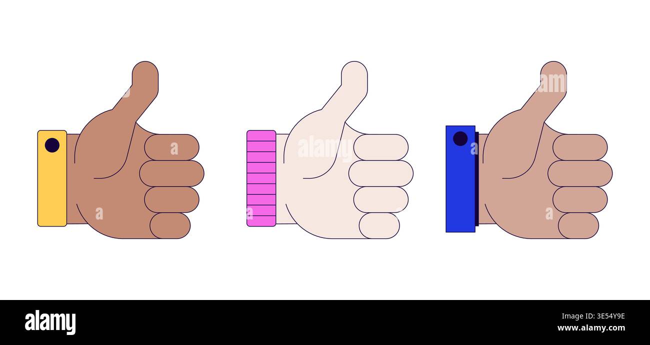 Diverse thumbs up hand gestures 2D cartoon objects set Stock Vector