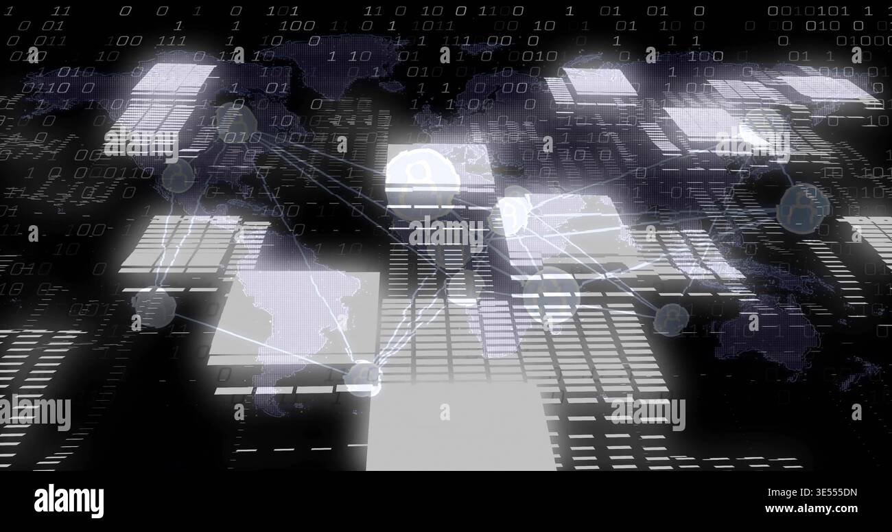 Floating panels and nodes forming network paths in virtual grid, showing dim world map, binary code Stock Photo