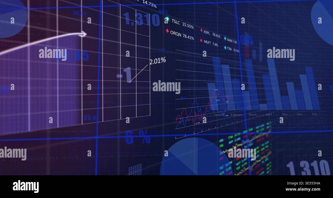 Displaying financial dashboard on virtual trading screen, showing grid plot, trend arrow, ticker Stock Photo