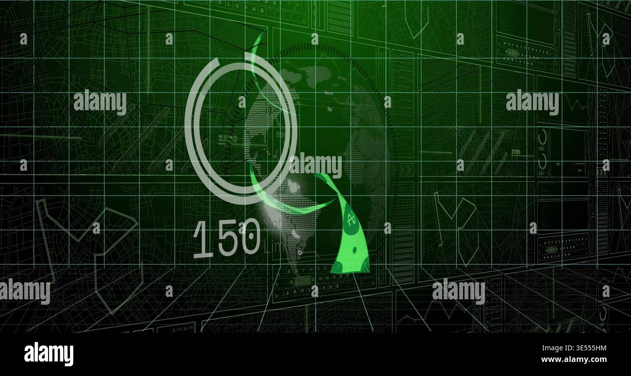 Displaying circular HUD gauge with readout 150 on 3D interface, showing green triangular marker Stock Photo