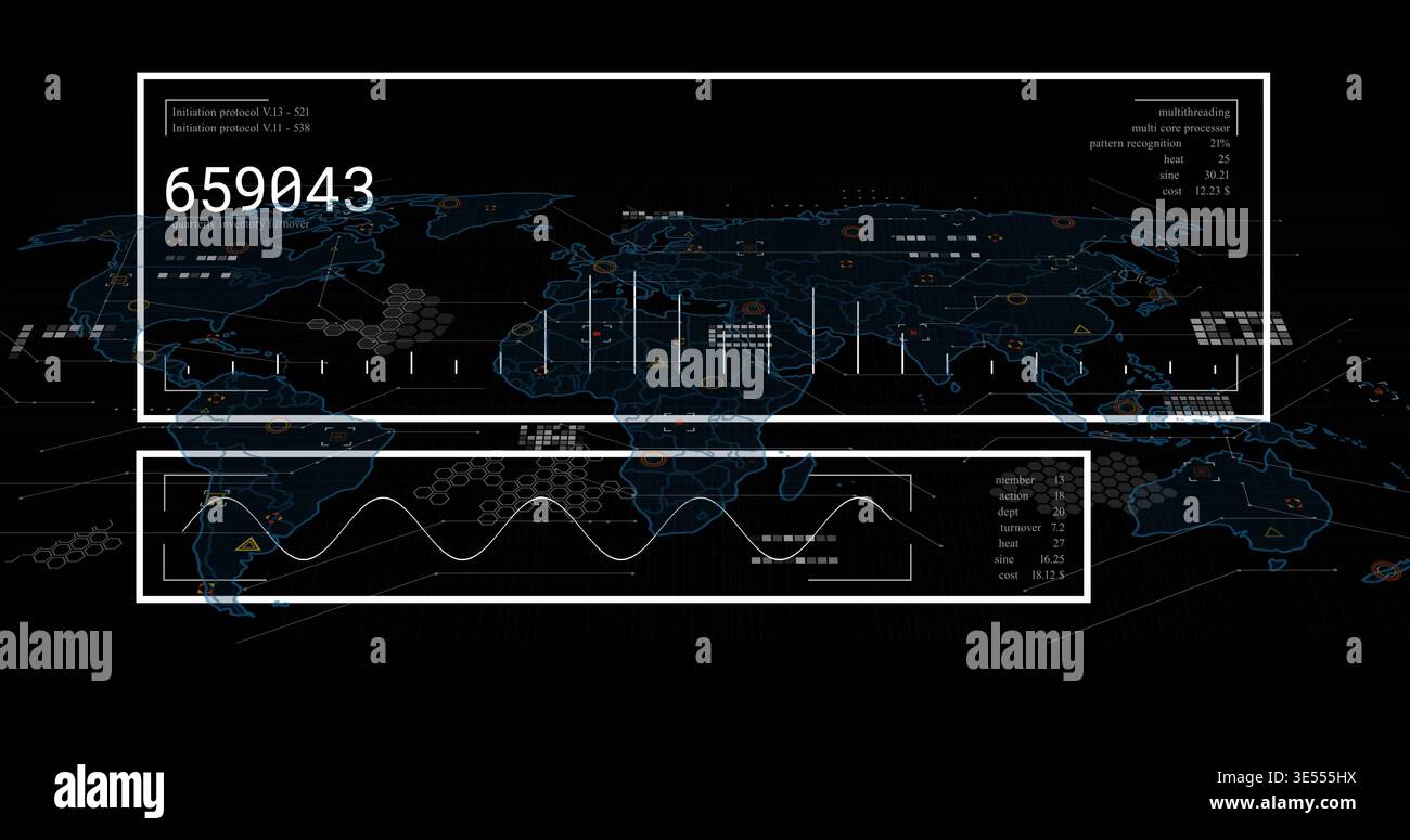 Displaying global data dashboard map on virtual interface, showing two HUD panels, readout 659043 Stock Photo