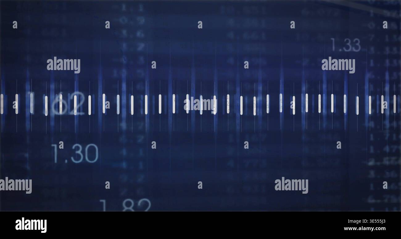 Displaying central scale on navy display, showing white ticks, light spikes, numeric readouts Stock Photo