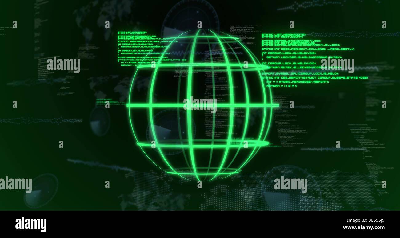 Displaying neon-green wireframe globe rotating within cyber dashboard, with floating code blocks Stock Photo