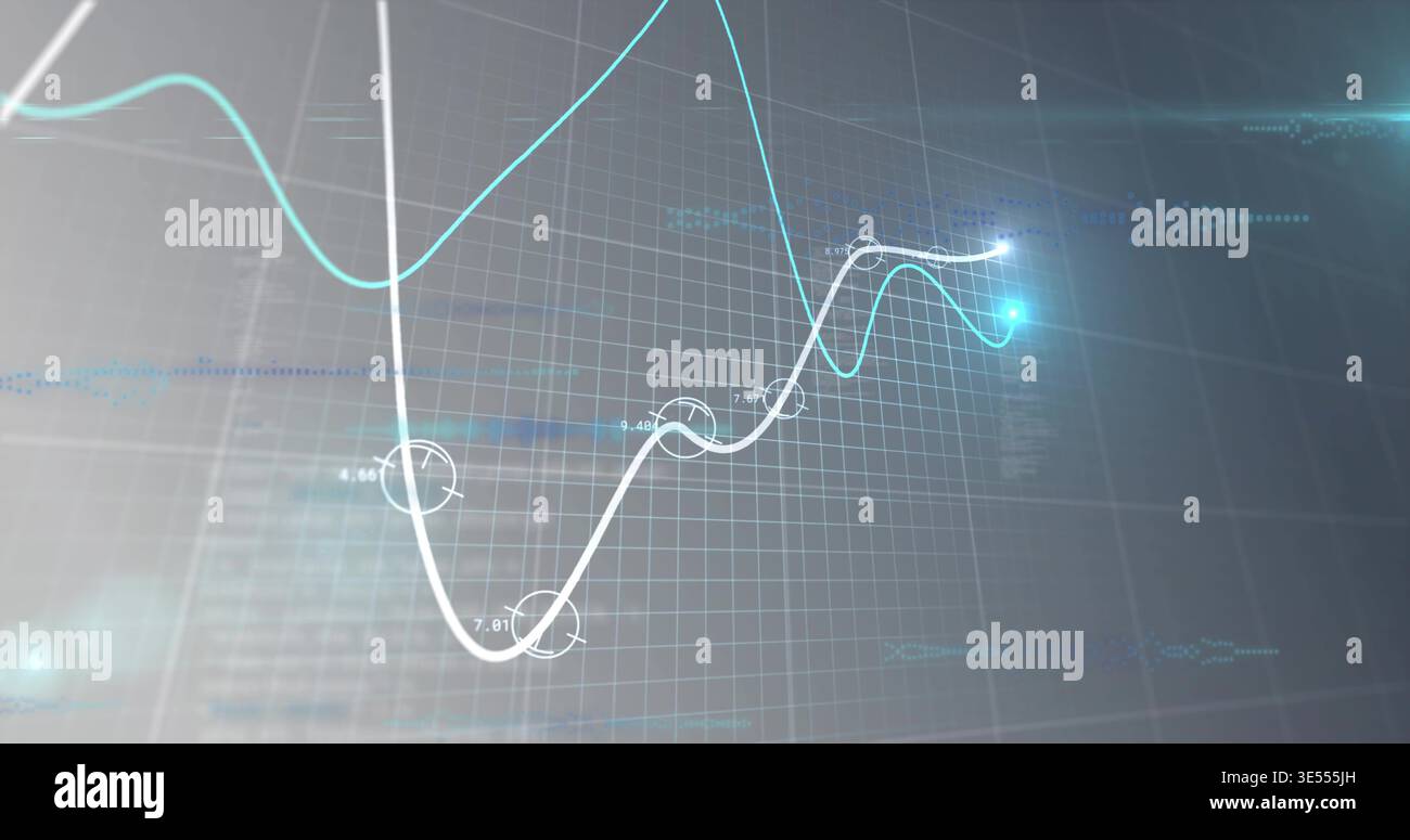 Displaying thick white trend line marking rings on virtual 3D plotting surface with cyan glow Stock Photo