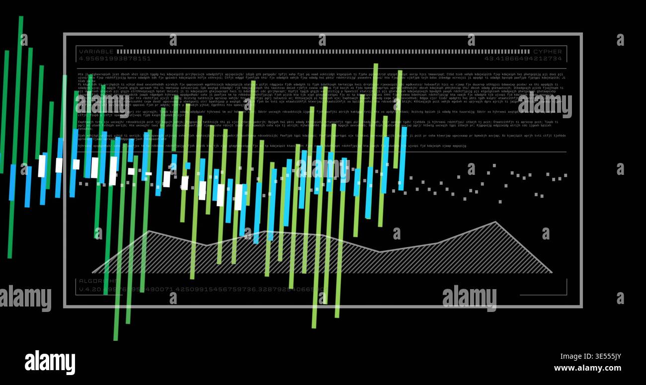 Displaying centered panel on black screen showing white frame, neon bars, hatched curve, code lines Stock Photo
