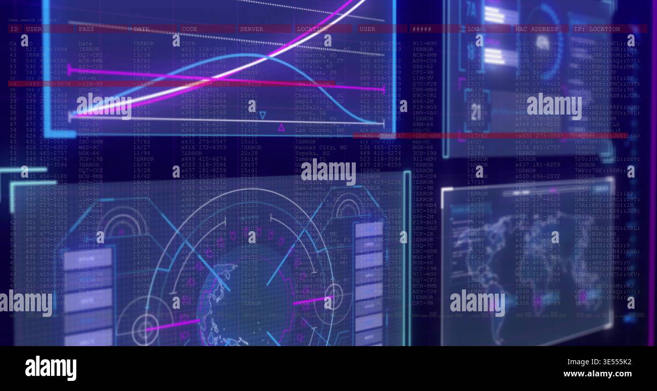Displaying glassy HUD panels floating in command hub, showing trend chart, radar globe, map, code Stock Photo