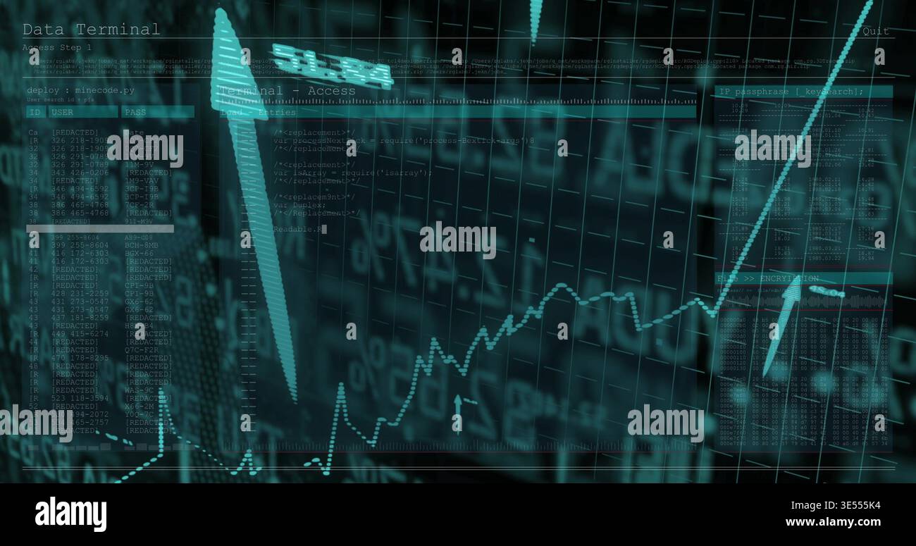 Displaying market chart centering frame at virtual data terminal, showing 3D arrow and dotted plot Stock Photo
