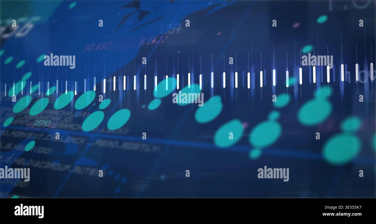 Displaying central white-bar waveform moving on dark-blue screen, with teal nodes, blurred code Stock Photo
