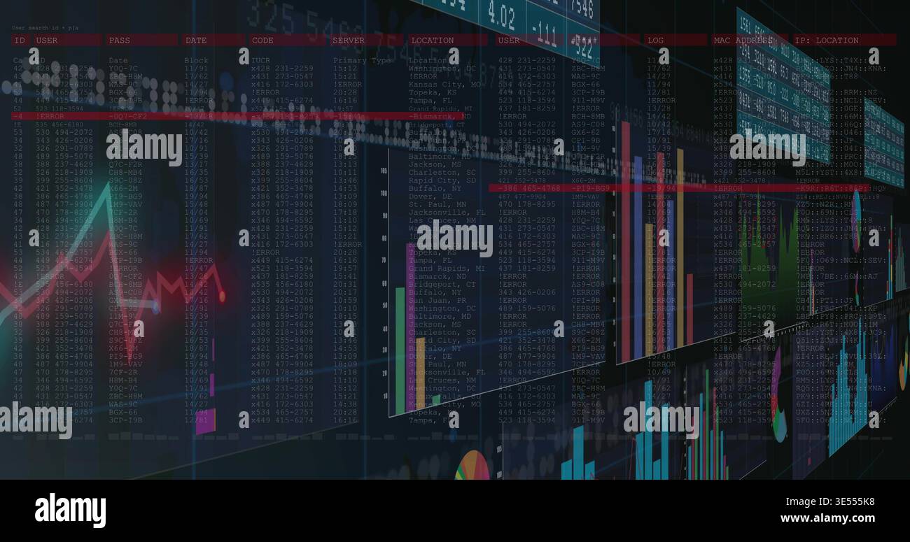 Displaying glass data panels at virtual dashboard, showing neon line, bar charts, code columns Stock Photo