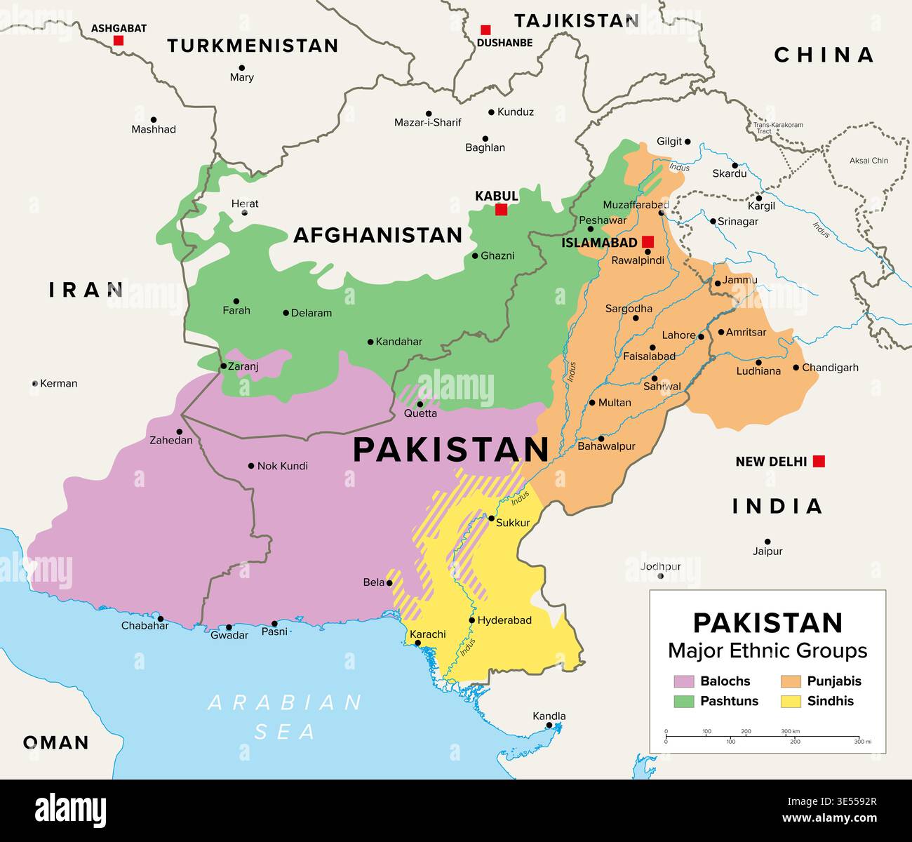 Pakistan, major ethnic groups, political map. Balochs, Pashtuns ...