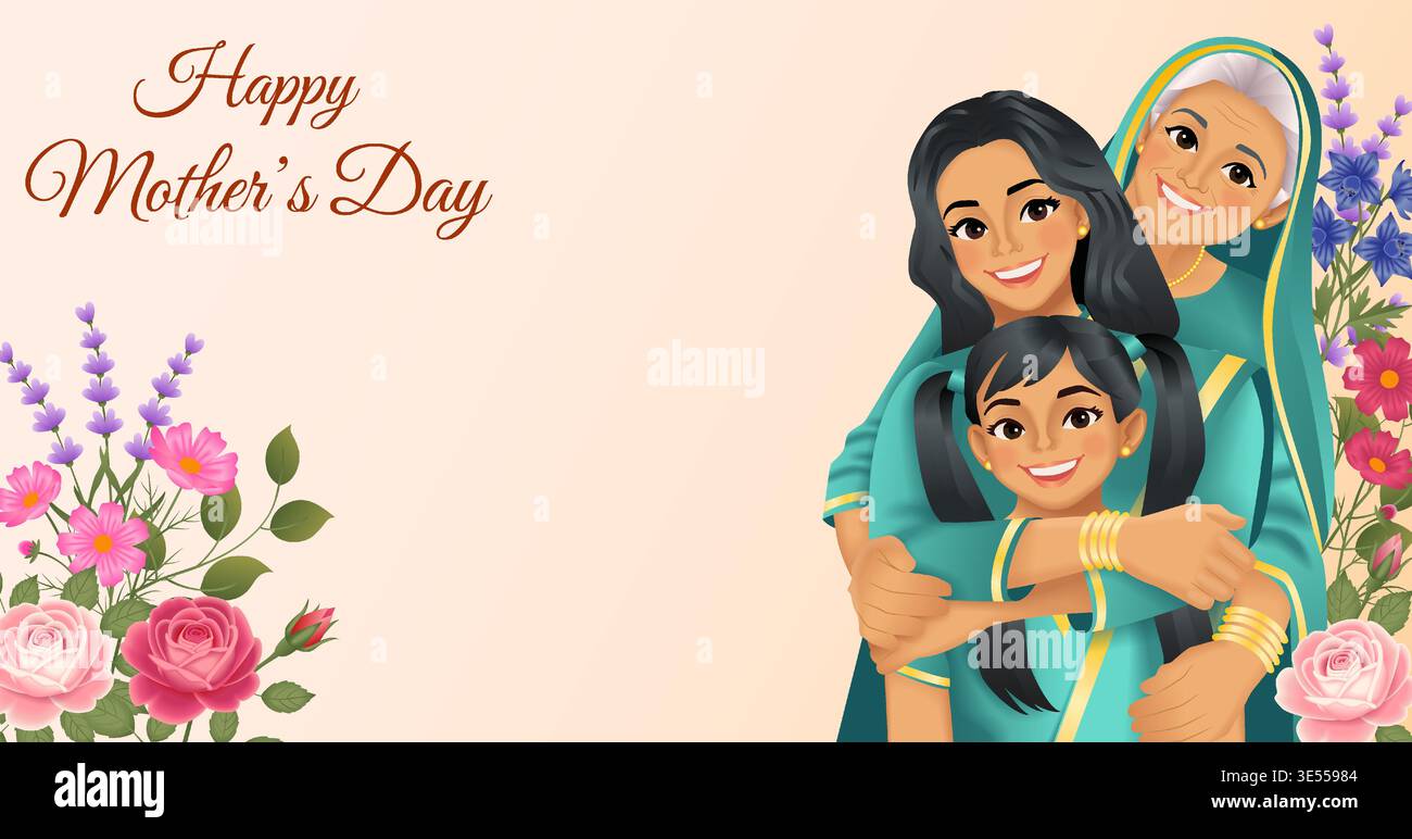 Happy Mothers day horizontal vector illustration with three generations of Indian women on floral background with copy space. Stock Vector