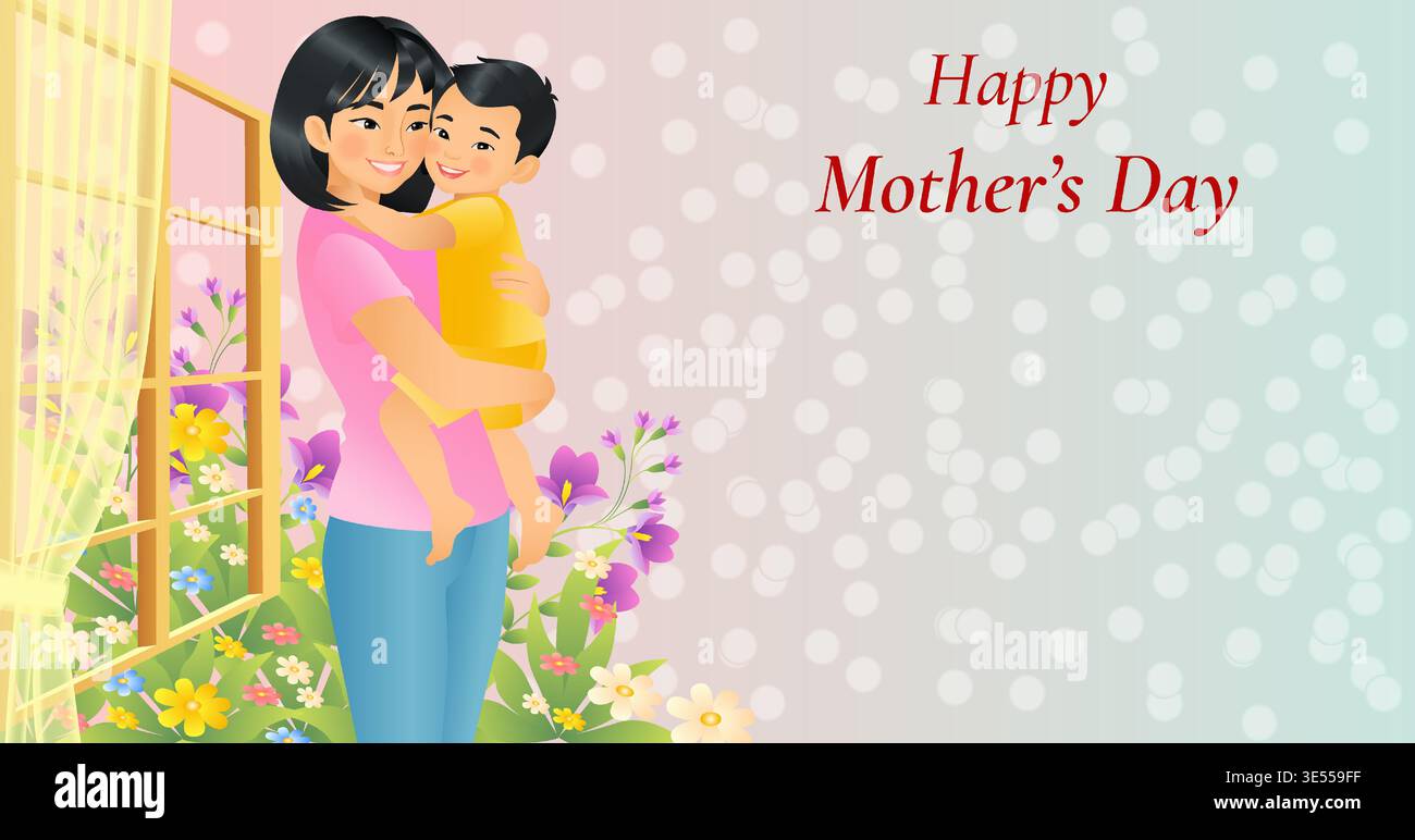 Happy Mothers day horizontal vector illustration with Asian mother holding son in front of window with flowers on bokeh background and copy space. Stock Vector