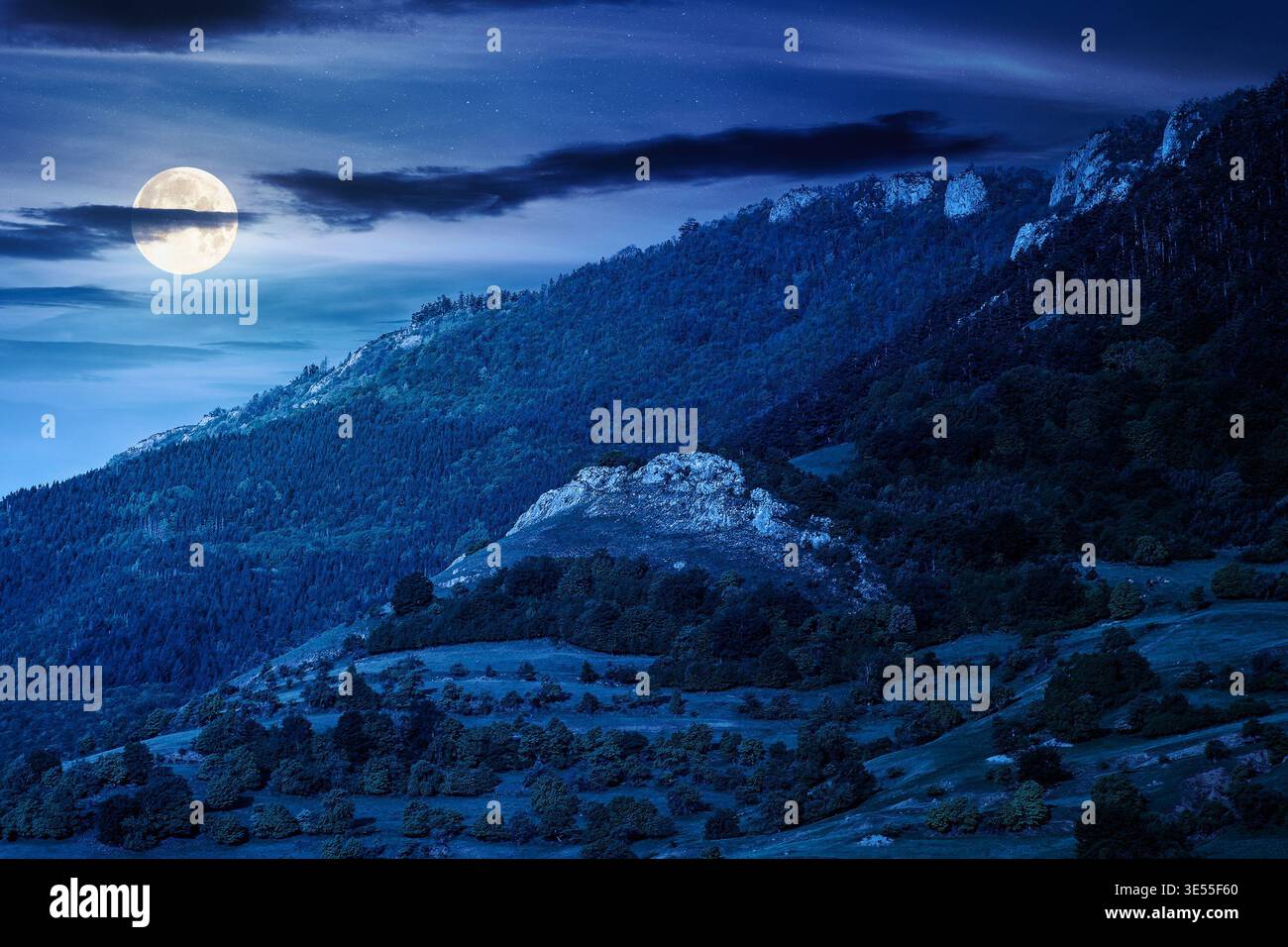 beautiful countryside at night. full moon over wonderful springtime landscape in mountains. grassy field and rolling hills. rural scenery with steep f Stock Photo