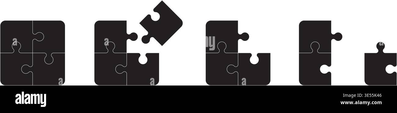 Black puzzle icons showing solving process and completion concept isolated on white background Stock Vector