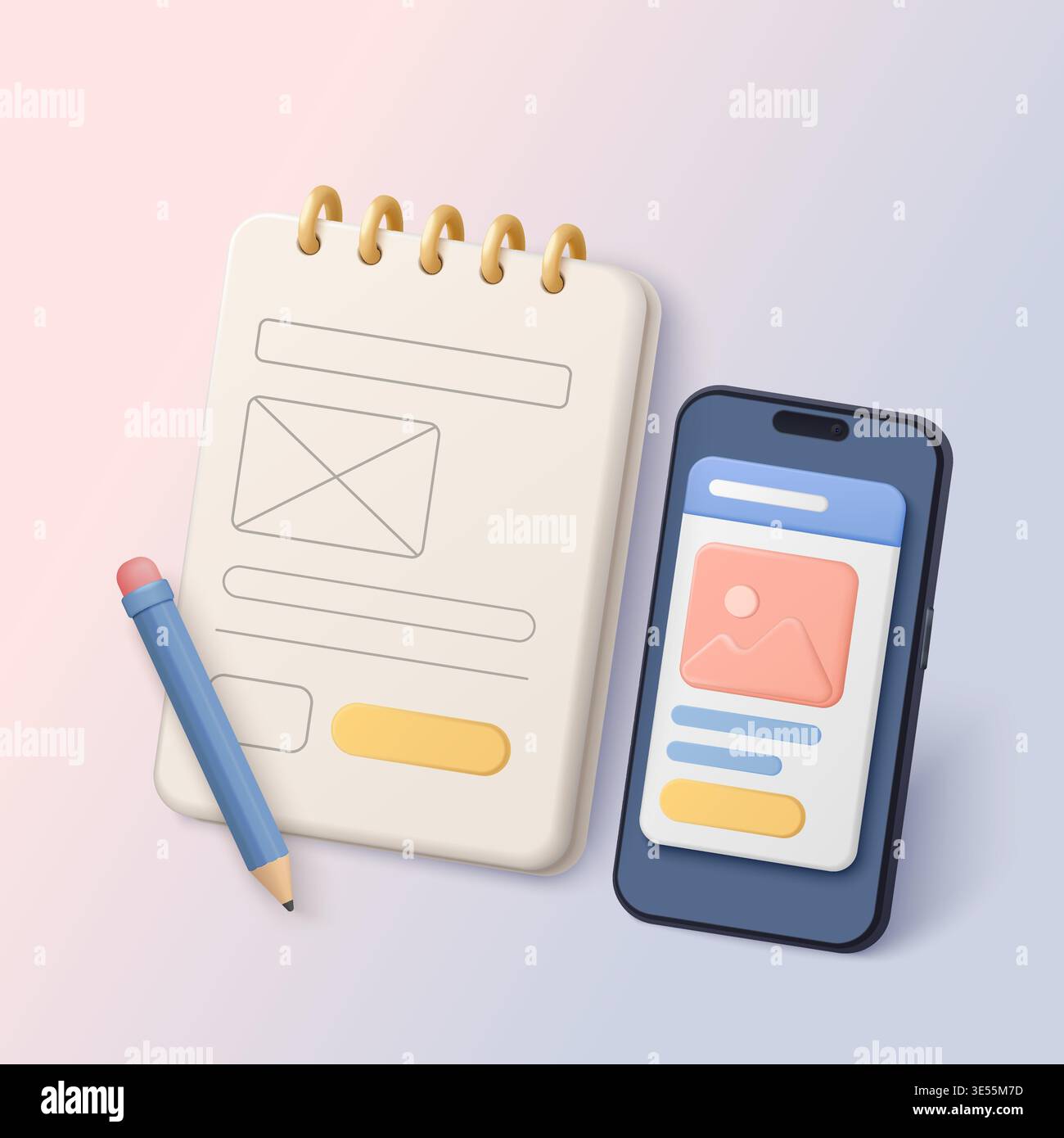 Mobile-first desk 3d concept with smartphone screen, notebook wireframe, pencil showing app interface layout, creative workflow, responsive design process on gradient background vector illustration Stock Vector