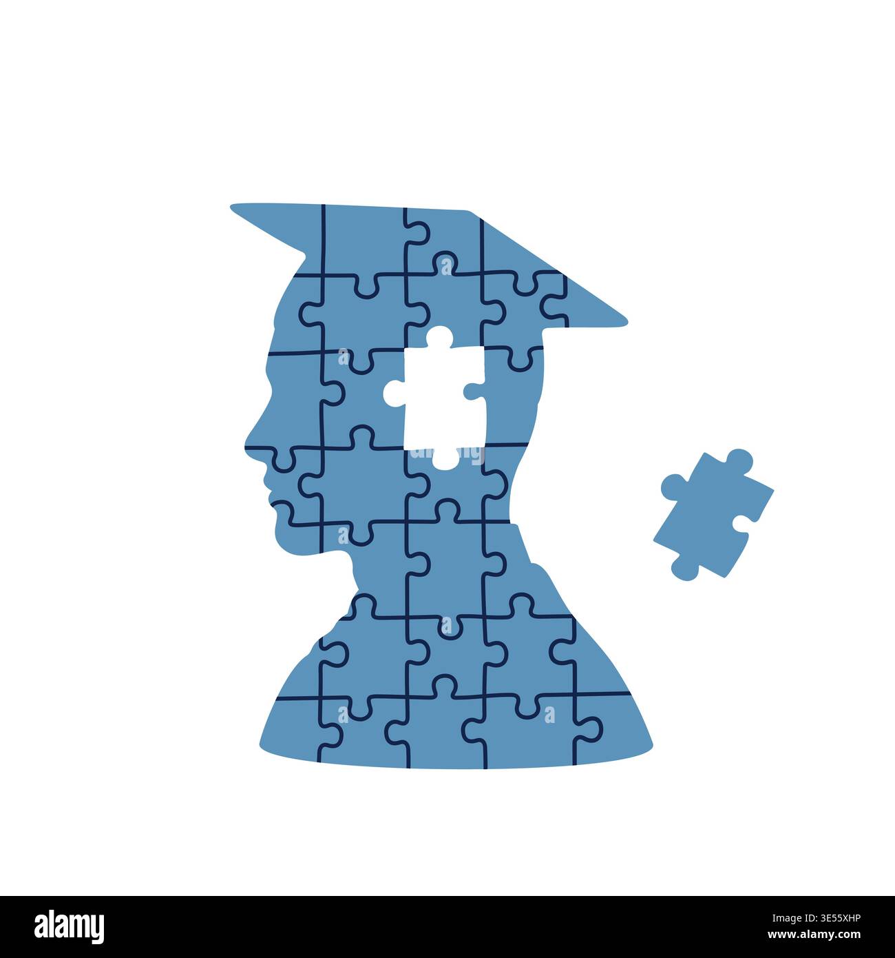 Blue puzzle head profile of a male student with graduation cap and missing piece for learning Stock Vector