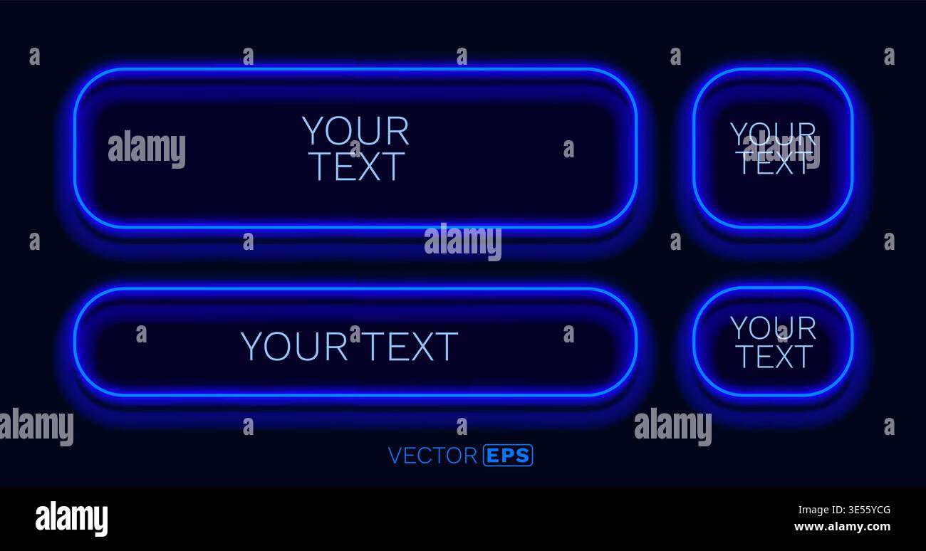 Vibrant neon blue frames and buttons on a dark background. Customizable glowing UI elements. Vector illustration Stock Vector