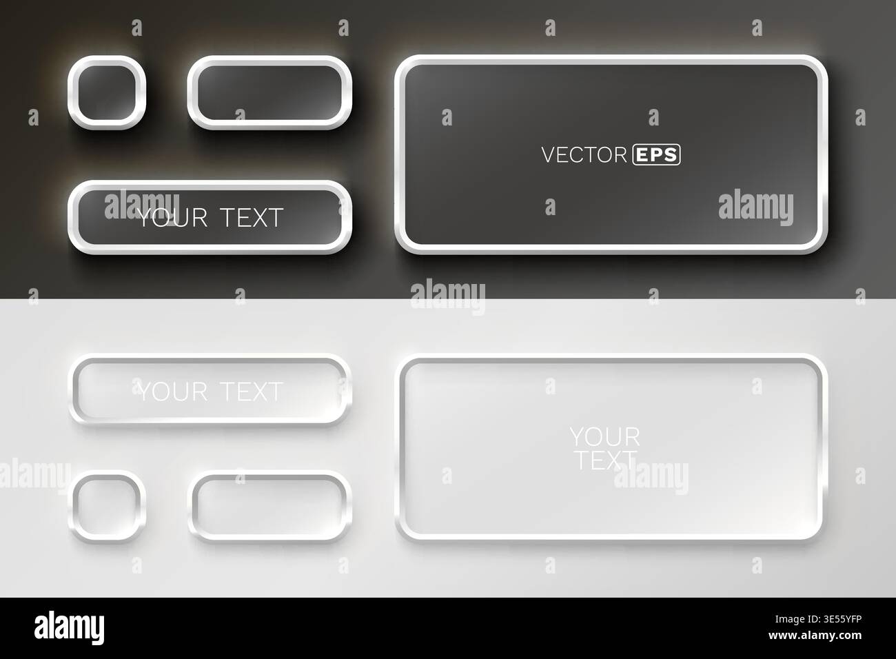 Modern Neumorphic UI elements, buttons, and banners, presented in both dark and light theme versions. Vector illustration. Stock Vector