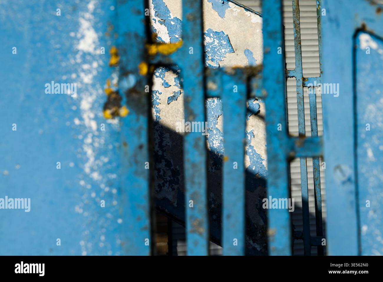 blue railing, old building Stock Photo