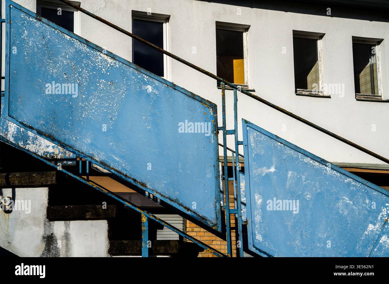 blue railing, old building Stock Photo