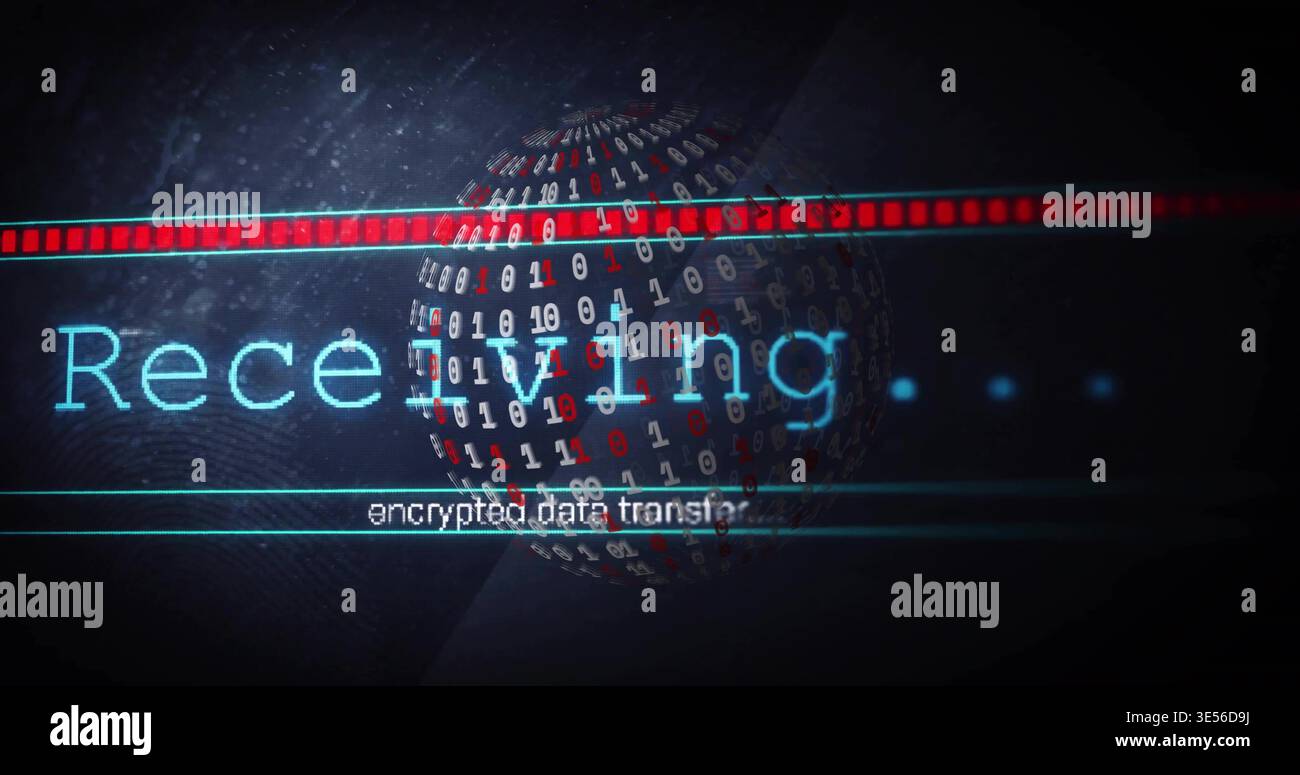 Rotating binary sphere pulsing at digital interface, displaying cyan Receiving Stock Photo
