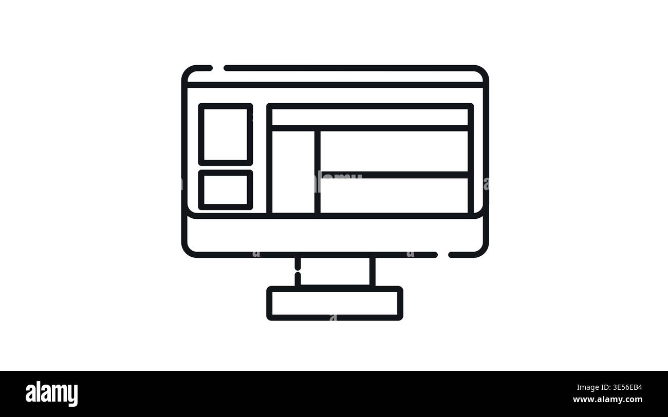 Desktop computer vector line icon with website on screen. Stock Vector