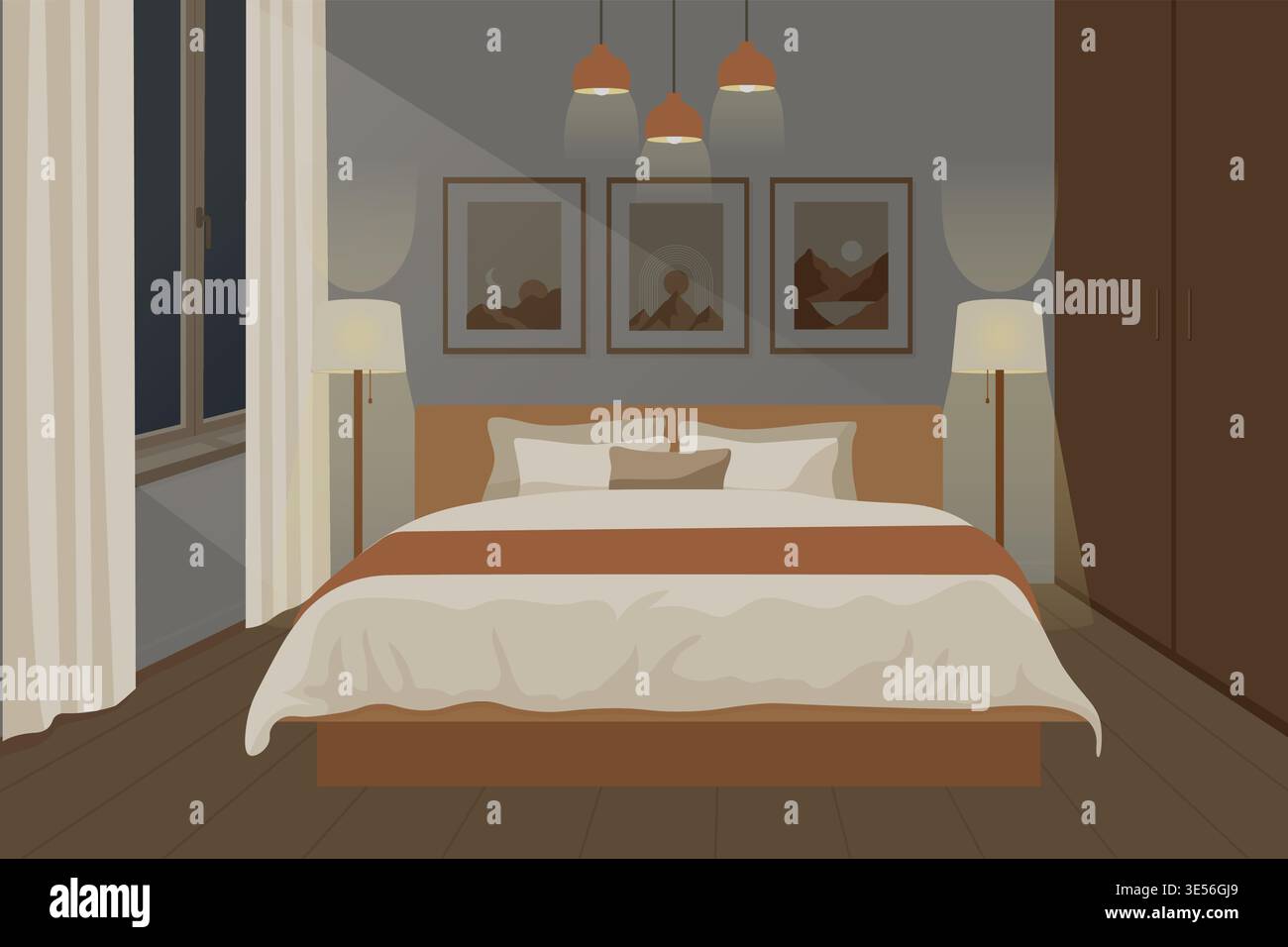 Modern night bedroom interior with floor lamps and symmetric light vector illustration. Stock Vector